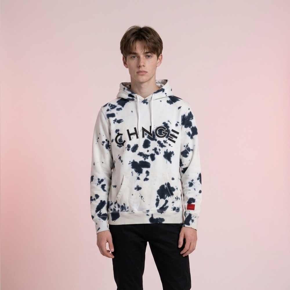 CHNGE Mens Organic‎ Cotton Tie Dye Hoodie White Blue Pullover Sweatshirt XL